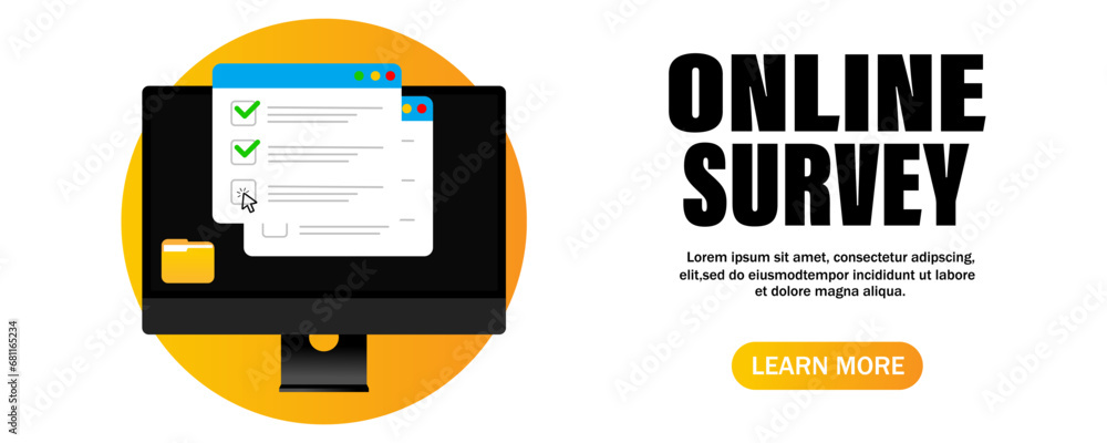 Poster illustration of an online survey on a modern computer screen. take the survey, list of online forms 