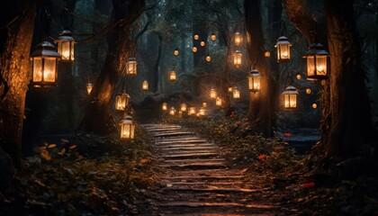 A Magical Journey Through an Enchanted Forest Illuminated by Lanterns