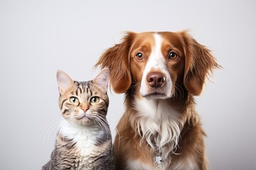 A pup and a feline gawking at the lens against a pallid backdrop.