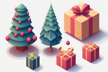 Fototapeta premium Isometric Christmas tree and gift boxes. 3d vector illustration.