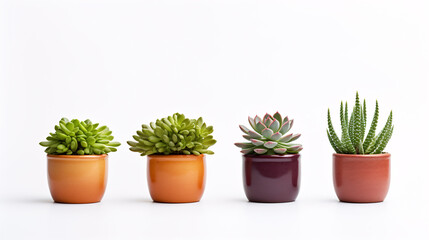 A front view of isolated potted succulents or cacti on a white background.