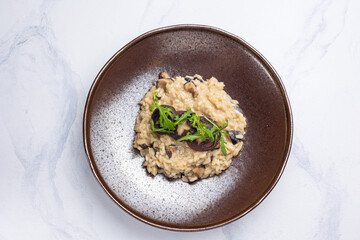 Risotto with mushrooms on a white background.