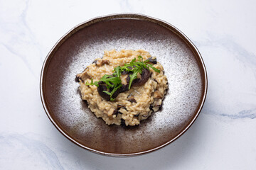 Risotto with mushrooms on a white background.
