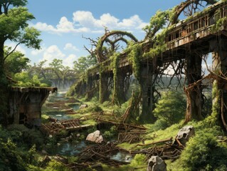landscape of nature reclaiming man-made structures over time. Showcasing the gradual process of vegetation and decay overtaking once bustling human creations, symbolizing the passage of time