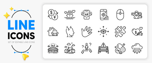 Social care, Parcel delivery and Cloud storage line icons set for app include Computer mouse, Bike rental, Iron outline thin icon. Currency exchange, Furniture moving. Vector