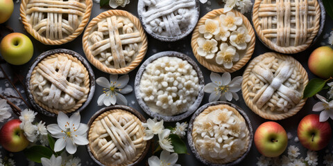 sweet pastries with apples and white flowers on the table, top view