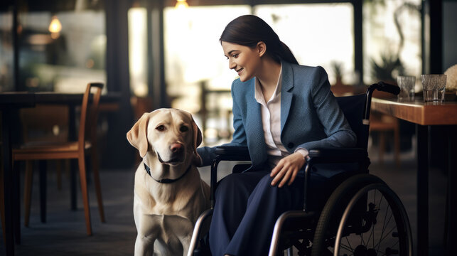 Happy woman in a wheelchair with a joyful service dog by her side in company office.