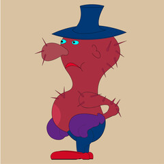 A man in the image of a catus stands in a cowboy hat, stylish shoes are on his feet, and boxing gloves are torn on his hands. He has a displeased face.