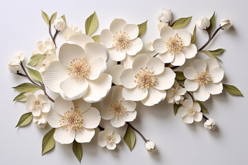 Craft-wrapped white floral arrangements against a pale backdrop.