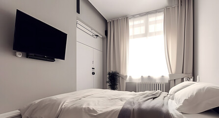 Black flat empty tv screen hanging on wall of modern white bedroom or hotel room indoor
