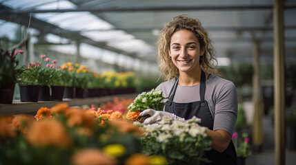 Happy female gardener in an apron is tending to colorful flowers in a greenhouse environment.