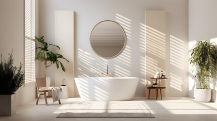 a chic bathroom with white walls and a tiled floor and a large window
