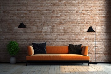 Brown couch in brick wall interior
