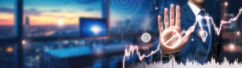 Trading halt on stock market. Businessman shows stop sign against abstract financial background with investment graphics and icons. Concept interrupted trading, stock analysis and financial planning