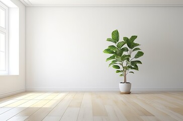 Empty white room with a wooden floor and a plant on the floor. Generative AI