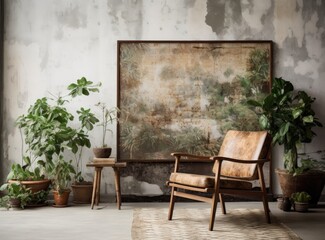 Wooden chair in concrete room with plant.