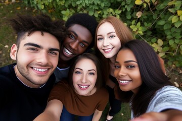 Fototapeta premium In the great outdoors, a multiracial group of friends comes together, immersed in laughter and joy, as they use technology to capture candid moments, embodying the spirit of togetherness