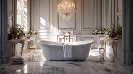 A chic bathroom with marble floors and a freestanding tub and illuminated by a crystal chandelier - obrazy, fototapety, plakaty