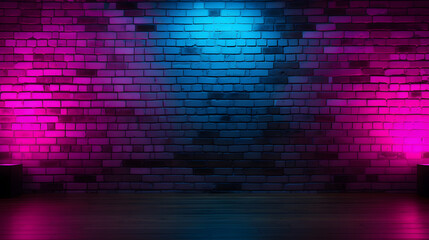 Background of a black brick wall with neon lights ranging from pink to blue. Suitable for product demonstration - obrazy, fototapety, plakaty