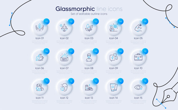Set of Fair trade, Medical mask and Skin cream line icons for web app. Plants watering, Difficult stress, Prescription drugs icons. Myopia, Strong arm, Electric bike signs. Vector