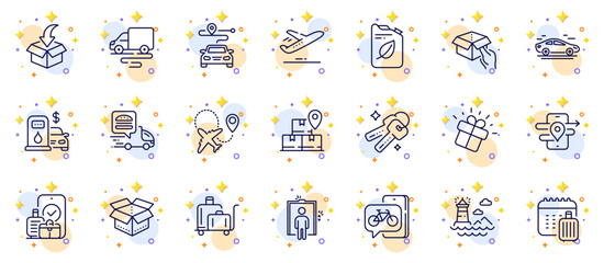 Outline set of Plane, Baggage calendar and Gift line icons for web app. Include Delivery route, Hold box, Lighthouse pictogram icons. Delivery service, Journey, Canister signs. Bike app. Vector