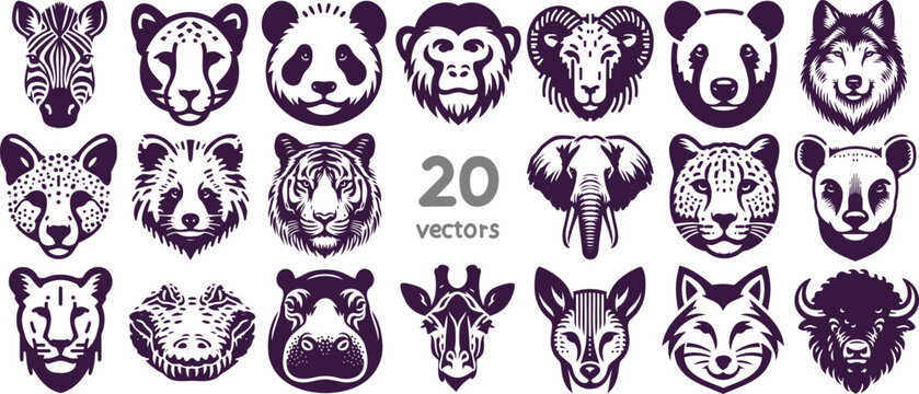 faces of different animals in stencil vector illustration collection