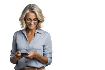 Woman watching her cell phone, transparent background