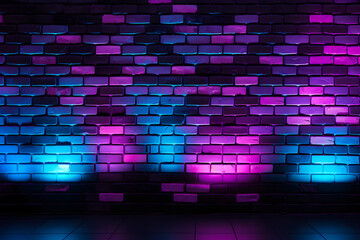 Background of a black brick wall with neon lights ranging from pink to blue. Suitable for product demonstration