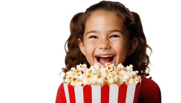 Niña sonriendo con palomitas de maiz, transparent background, png