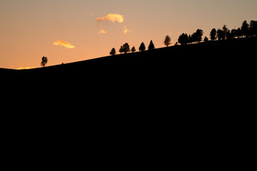 Fototapeta na wymiar small orange clouds over the silhouette of trees on the slope of a hill during sunset, Yellowstone National Park, Wyoming, USA