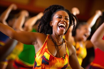 close up of smiling women with coach dancing zumba in gym or studio. fitness, sport, dance and lifestyle concept