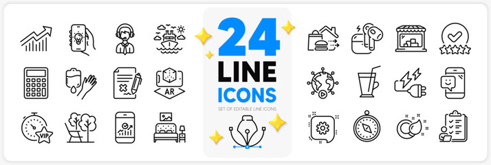 Icons set of Paint brush, Reject file and Market line icons pack for app with Rating stars, Cogwheel, Furniture thin outline icon. Smartphone statistics, Shipping support. Design with 3d stars. Vector