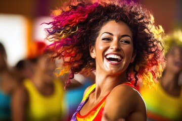 close up of smiling women with coach dancing zumba in gym or studio. fitness, sport, dance and...