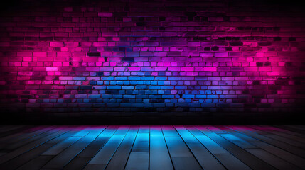 Background of a black brick wall with neon lights ranging from pink to blue. Suitable for product demonstration - obrazy, fototapety, plakaty