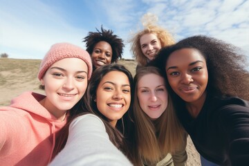 Obraz premium Embracing the spirit of togetherness, a diverse group of friends finds joy outdoors, utilizing a mobile camera to capture candid moments and celebrate the essence of unity and cultural harmony