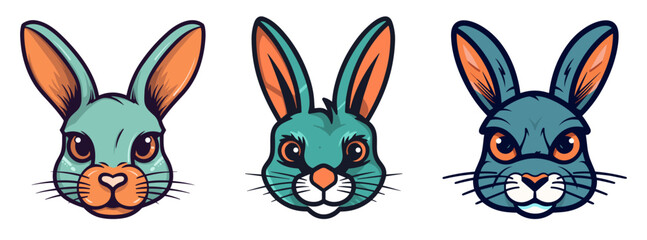 Set of rabbit faces. Cartoon image of a rabbit face in flat design.