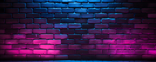 Background of a black brick wall with neon lights ranging from pink to blue. Suitable for product demonstration