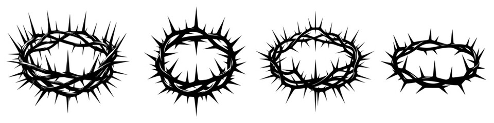Crown of thorns icons set. Black silhouette of a crown made of thorns. Christian symbol. - obrazy, fototapety, plakaty