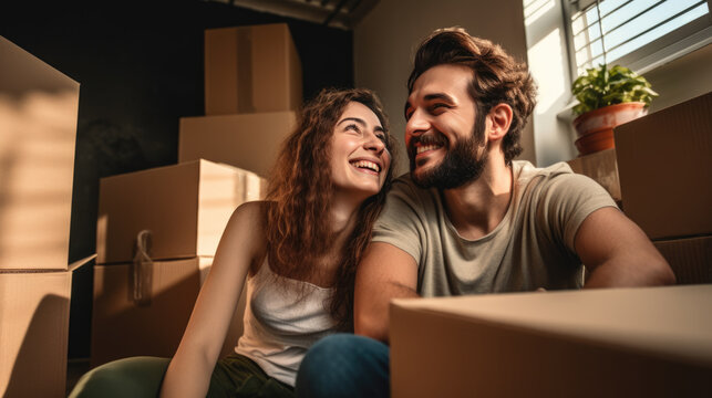 Cheerful young couple is surrounded by cardboard boxes, symbolizing a move to a new home