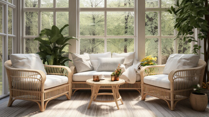 a bright sunroom with large windows and wicker furniture