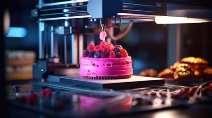 food 3d printer printing a cake with icing and fruits - obrazy, fototapety, plakaty