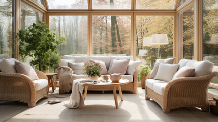 Obraz premium a bright sunroom with a wicker couch and two armchairs facing a window overlooking a garden