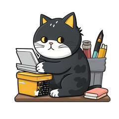 cat studying kawaii sticker png transparent file