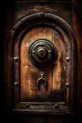 Fragment of antique wooden door with metal key hole. Closeup, front view