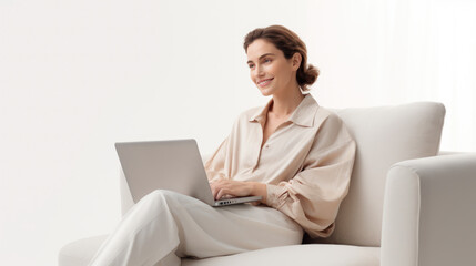 Smiling woman working on a laptop against a grey background.