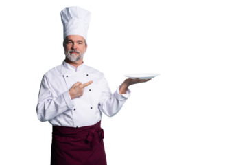 Portrait of a professional chef holding an empty plate isolated on transparent background
