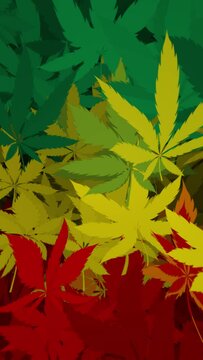 Vertical video - trippy psychedelic cannabis leaf background animation in the Rastafarian flag colors of green, yellow and red. Full HD and looping marijuana style motion background.