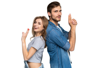 Portrait of happy couple isolated on transparent background. Attractive man and woman being playful.