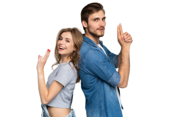 Portrait of happy couple isolated on transparent background. Attractive man and woman being playful.