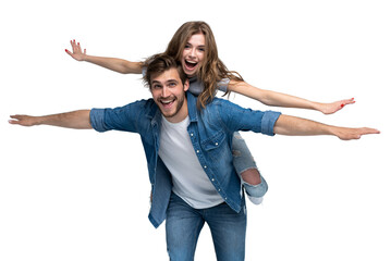 Cute portrait of couple. Guy rolls a girl on his back on transparent background - 681169831